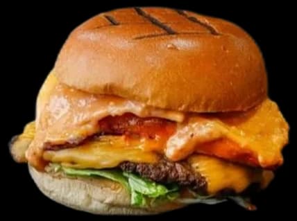 The Butcher Burger: smashed beef, peri chicken fillet and melted cheese