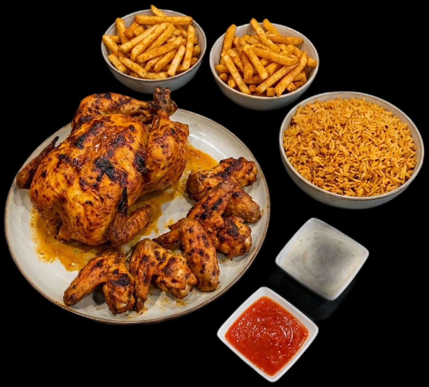 Whole peri peri chicken with wings, spicy rice, fries and dips