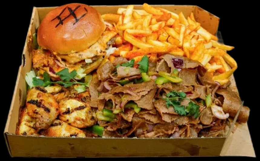 A Lamego's box loaded with a burger, naga donner and peri-peri fries