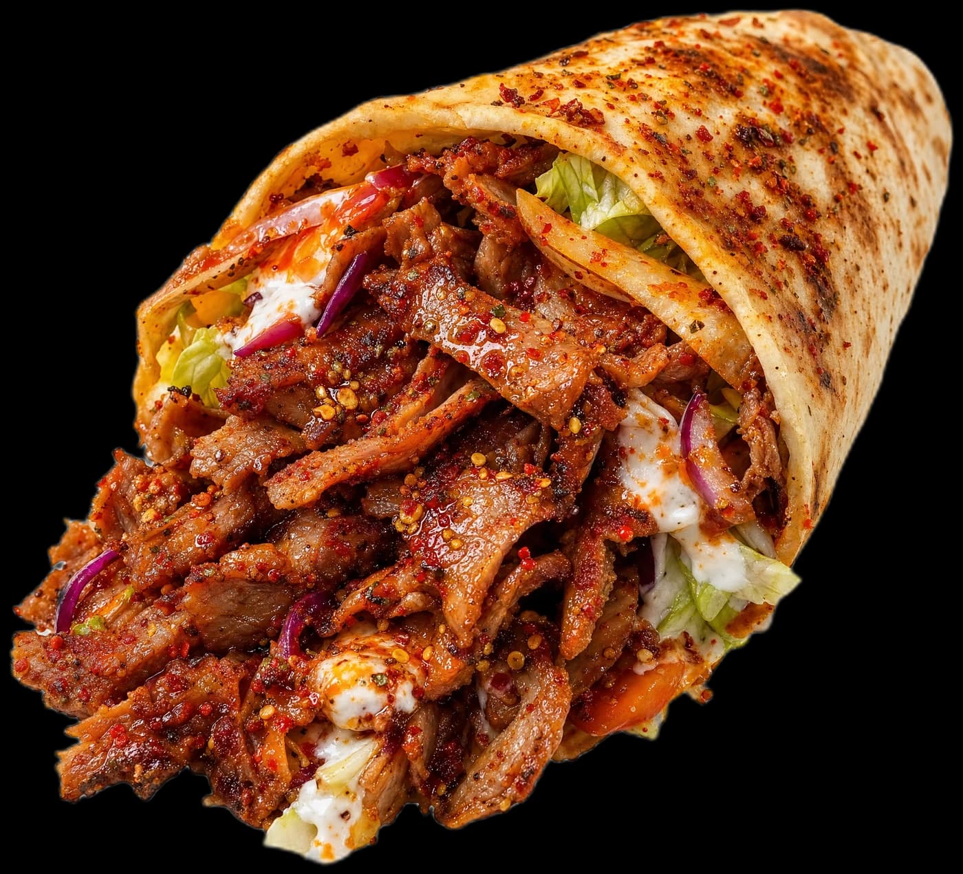 Overstuffed naga donner wrap spilling with spiced beef, chillies and garlic sauce
